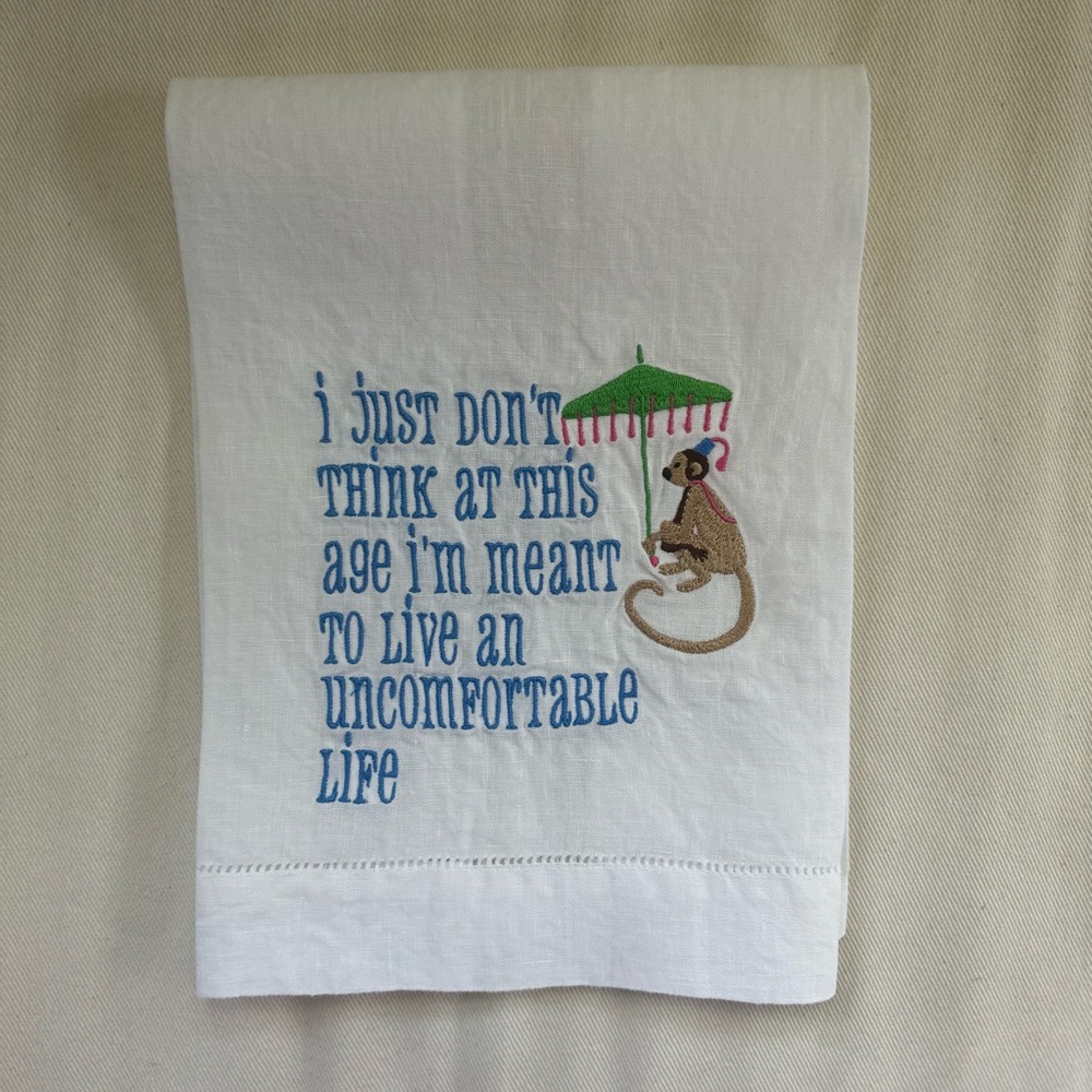 WHITE LOTUSHandcrafted Embroidered Tea Towel - White with Blue and Green Accents